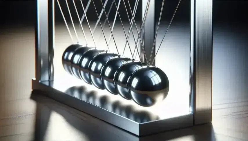 Primer plano de un cuna de Newton en movimiento con esferas metálicas suspendidas, reflejando la luz y mostrando la transferencia de energía cinética.