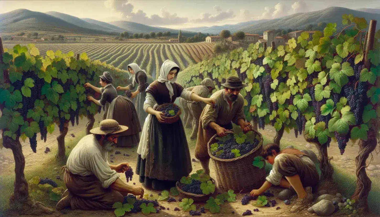 Vendemmia in campagna italiana ottocentesca con contadini che raccolgono uva, sfondo di campi coltivati e cielo azzurro.
