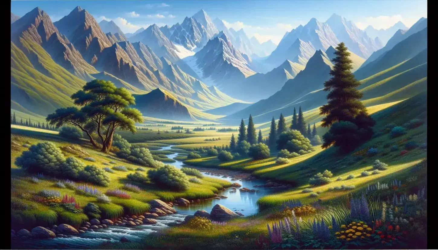 Serene mountain landscape with a reflective river, lush greenery, wildflowers, rolling hills, and snow-capped peaks under a clear blue sky.