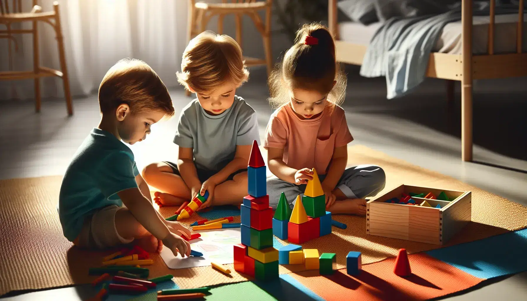 Cuatro niños en una alfombra colorida juegan con bloques, formas geométricas, crayones y un rompecabezas en una habitación iluminada naturalmente.