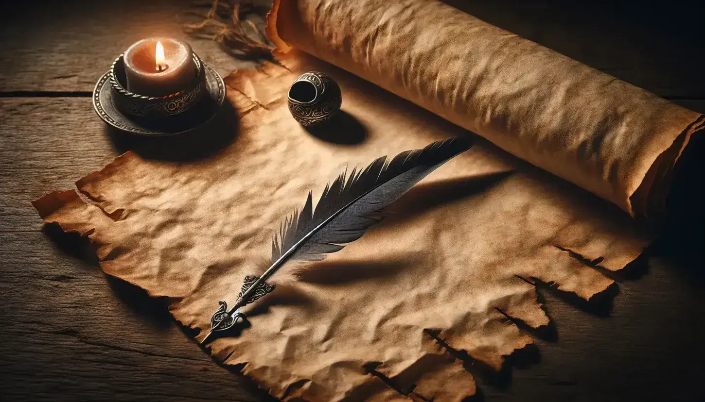 Pergamino antiguo con bordes irregulares y pluma de ave negra para escribir, junto a una vela parpadeante en soporte metálico sobre mesa de madera rústica.