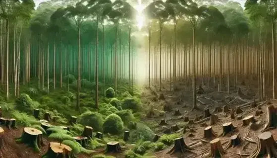 Diverse forest ecosystem with lush greenery transitions to a deforested area with stumps and fallen trees, highlighting environmental impact.