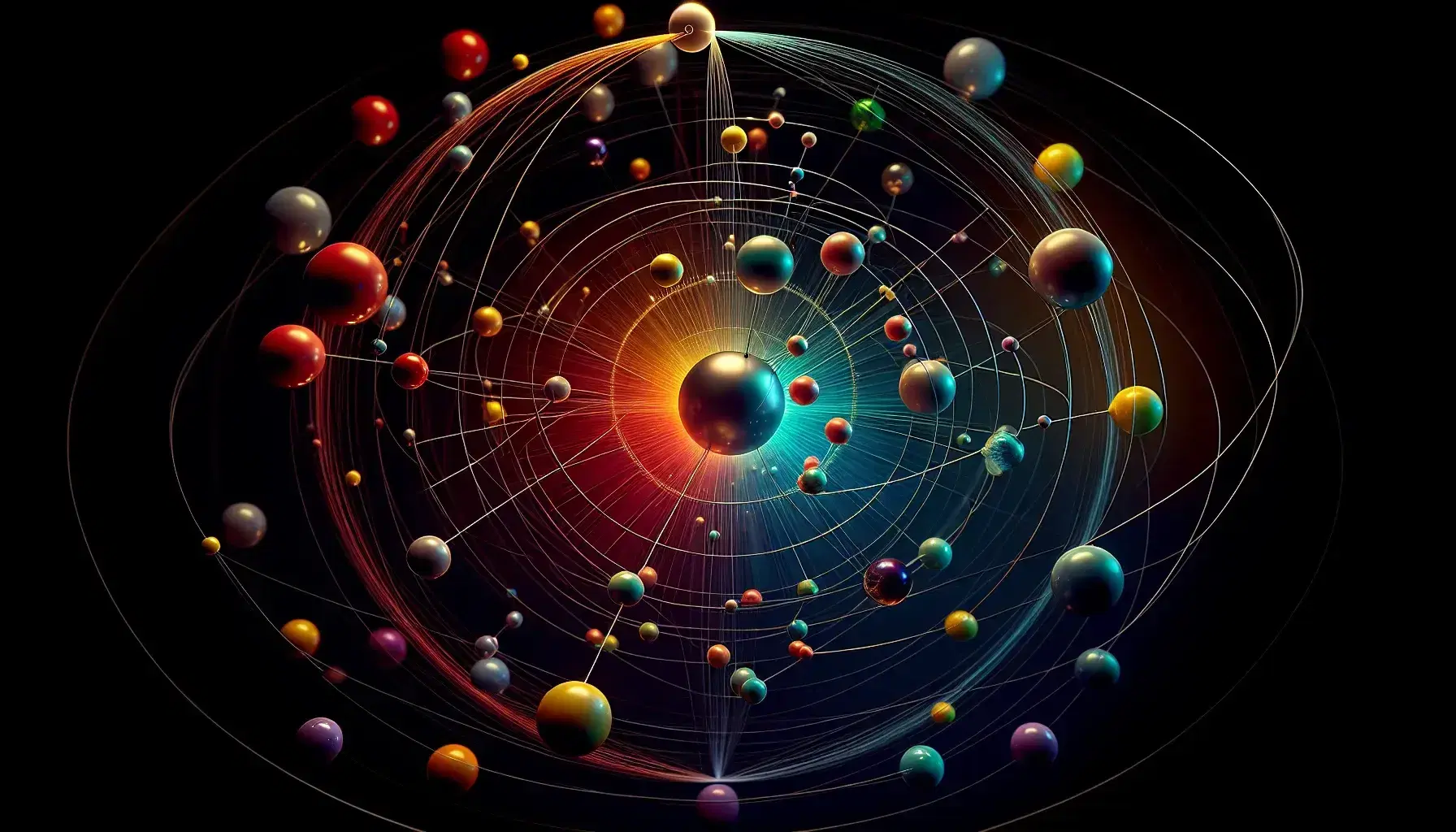 Sfere colorate di varie dimensioni sospese nello spazio su sfondo nero, con tre grandi sfere rosse, blu e verdi al centro e piccole sfere orbitanti.