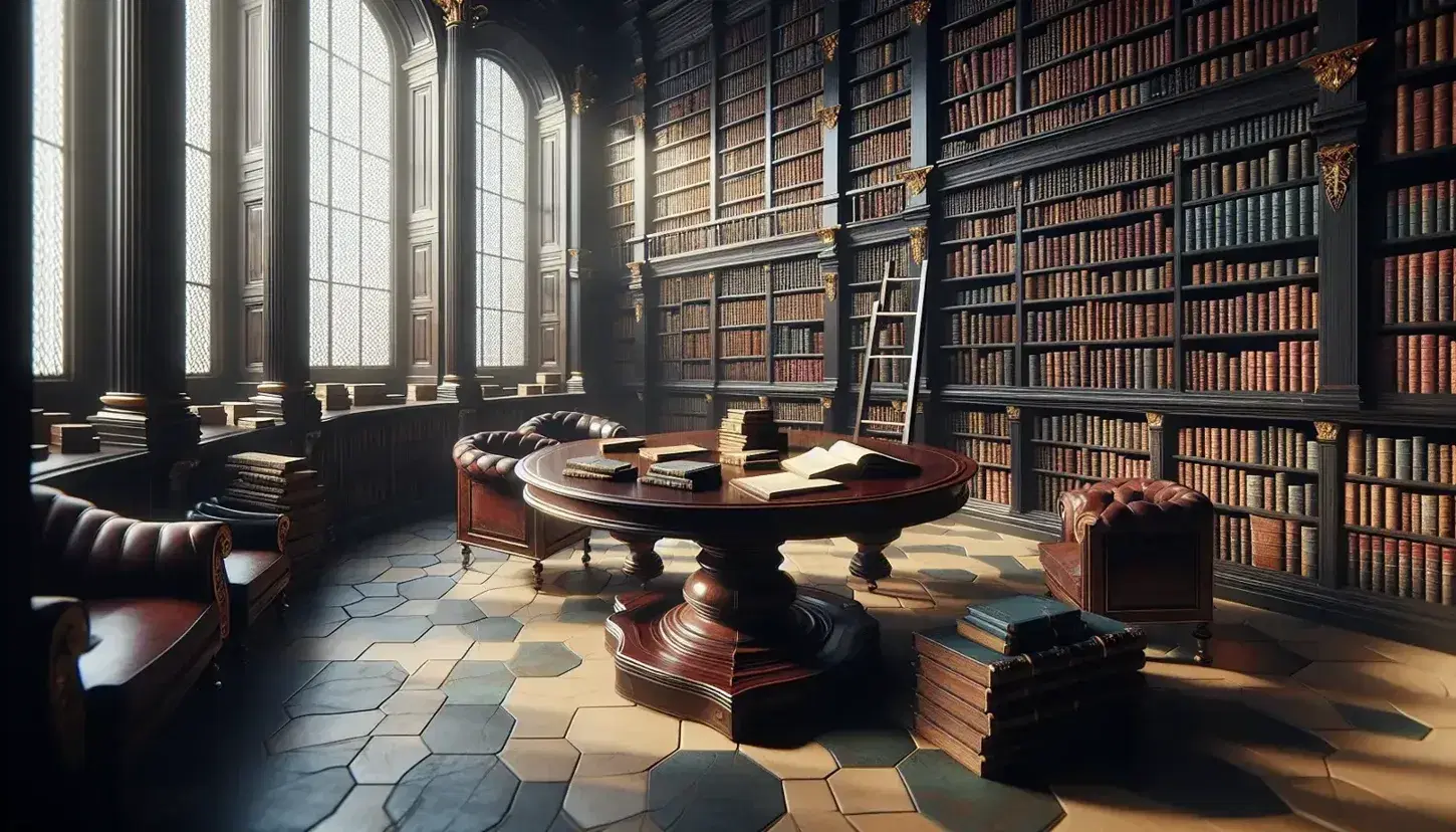 Biblioteca antica con scaffali in legno scuro pieni di libri rilegati, tavolo ovale con libri aperti, scala e poltrona in pelle.