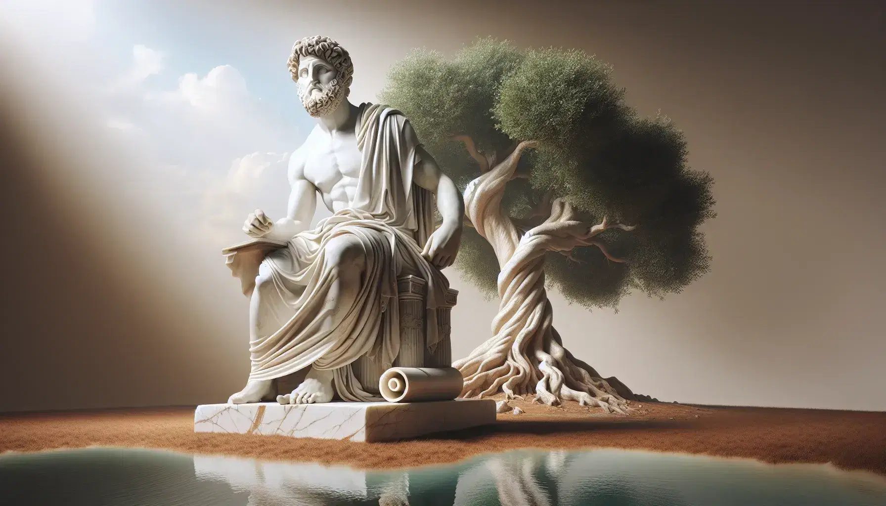 Statua marmorea di Plotino seduto con papiro, sotto albero rigoglioso, vicino a specchio d'acqua e resti di tempio antico.