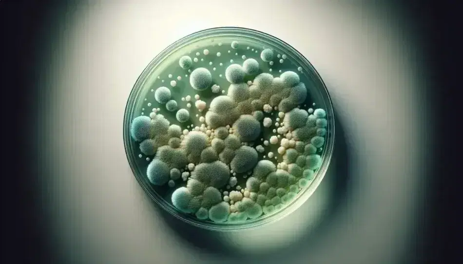 Petri dish with dense bacterial colonies in shades of green and white, concentrated at the center and thinning towards the edges on a neutral background.