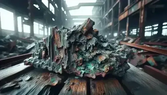 Pezzo di metallo fortemente corroso su superficie in legno grezzo, con sfondo sfocato di ambiente industriale abbandonato.