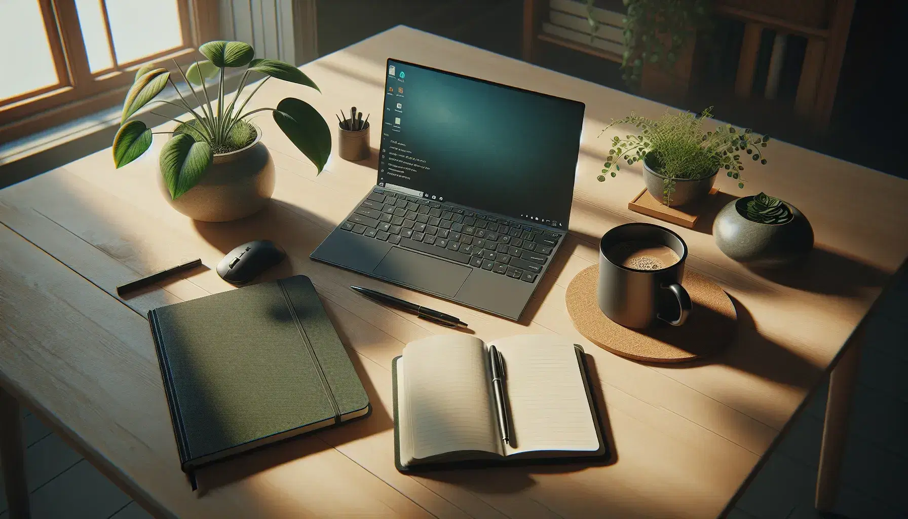 Espacio de trabajo minimalista con portátil abierto, ratón óptico, libreta verde y bolígrafo, planta en maceta y taza de café sobre mesa de madera iluminada naturalmente.