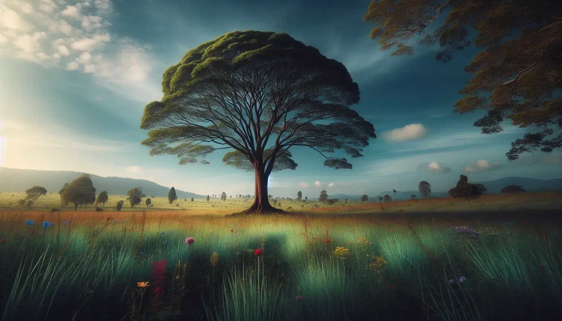 Paesaggio naturale con campo di erba alta e fiori selvatici, grande albero solitario al centro, colline e montagne all'orizzonte sotto un cielo azzurro.