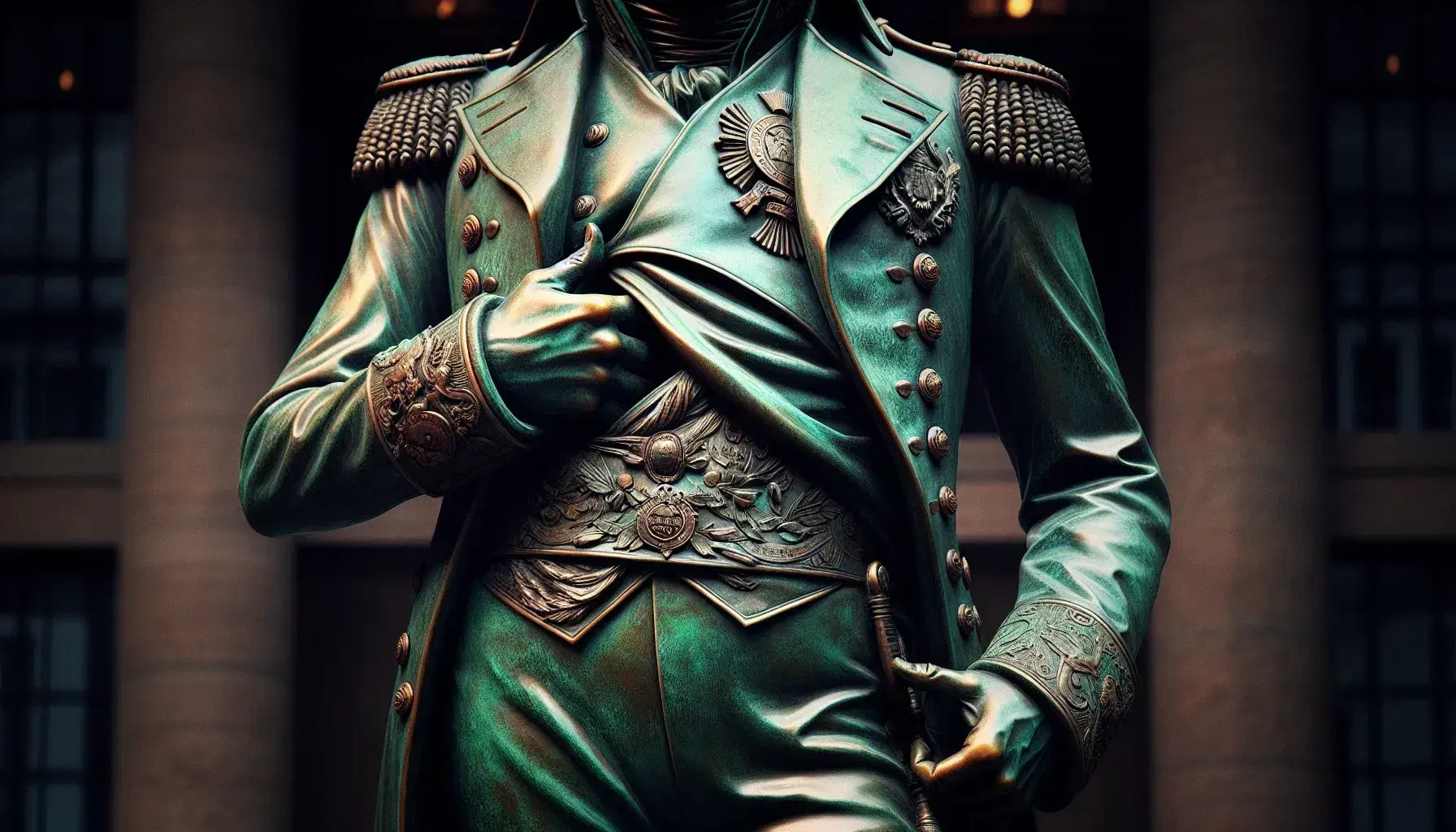 Statua in bronzo di Napoleone Bonaparte in uniforme militare con mano destra nel giubbotto, su piedistallo liscio, patina verde-rame.