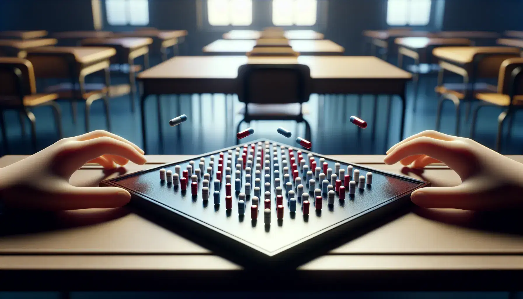 Hands positioning red and blue cylindrical magnets above a square matrix of white round magnets on a desk in a classroom setting.