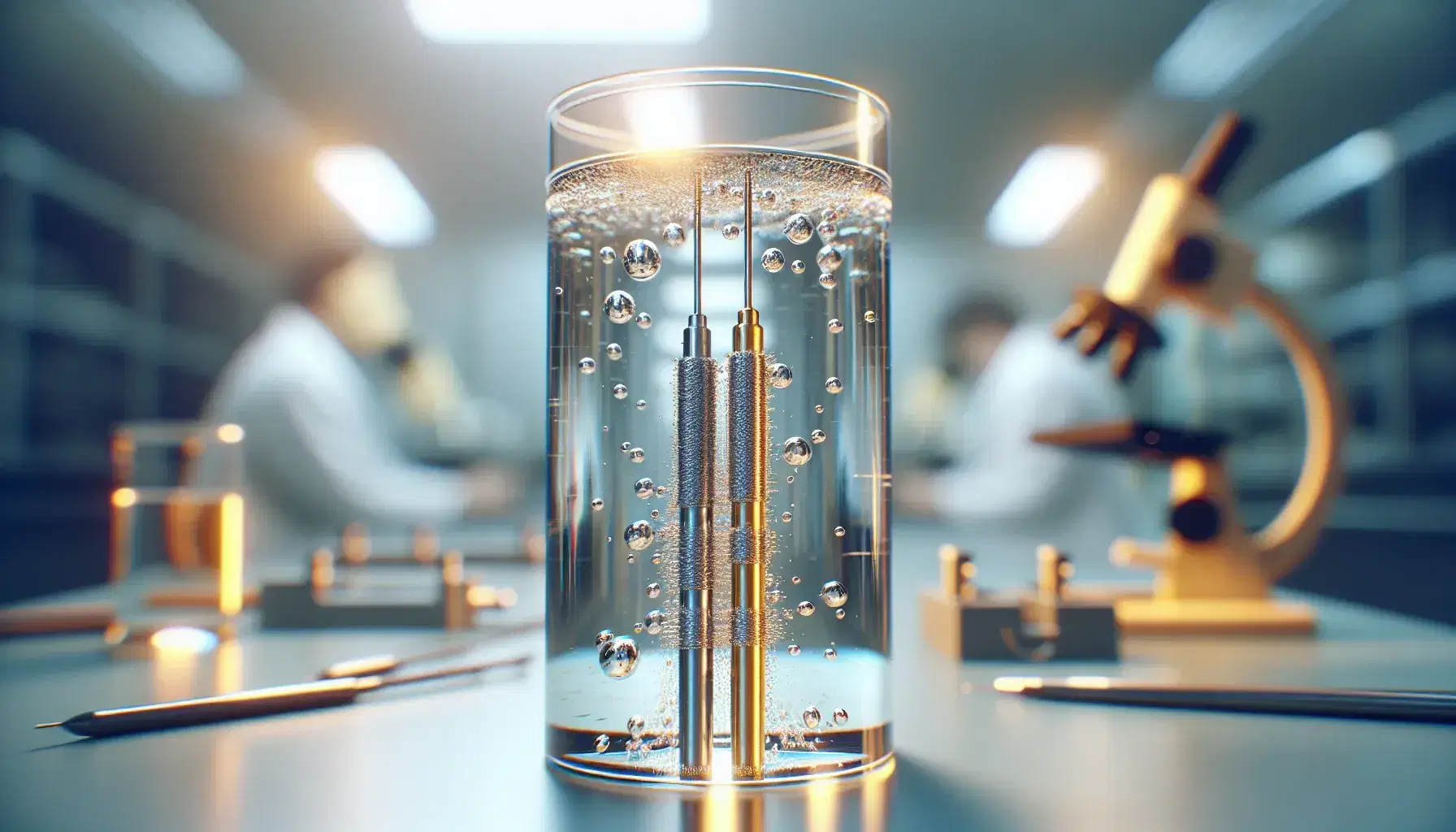 Celda electroquímica en funcionamiento con electrodos de plata y oro sumergidos en líquido, burbujas ascendiendo y fondo de laboratorio desenfocado.