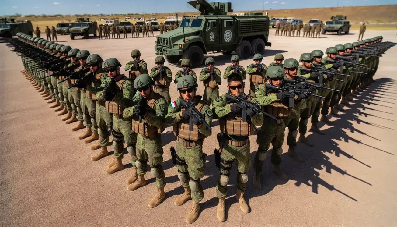 Elementos de la Guardia Nacional de México en formación con uniformes de camuflaje, chalecos tácticos y cascos, portando armas largas, junto a un vehículo táctico en terreno abierto bajo cielo despejado.