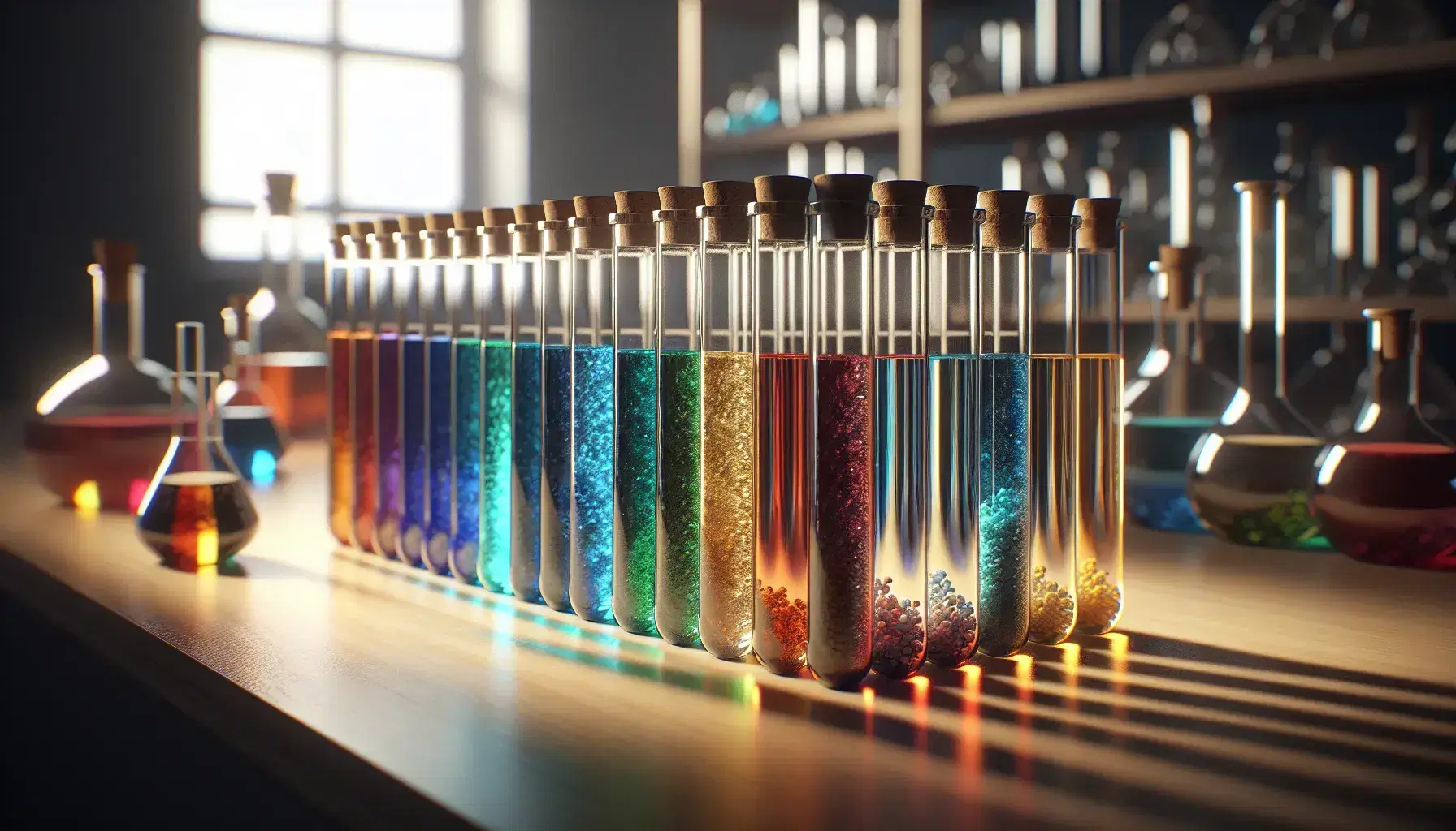 Provette di vetro trasparente con sostanze colorate in ordine crescente su banco laboratorio, effetto arcobaleno, tappi di sughero, luce riflessa.