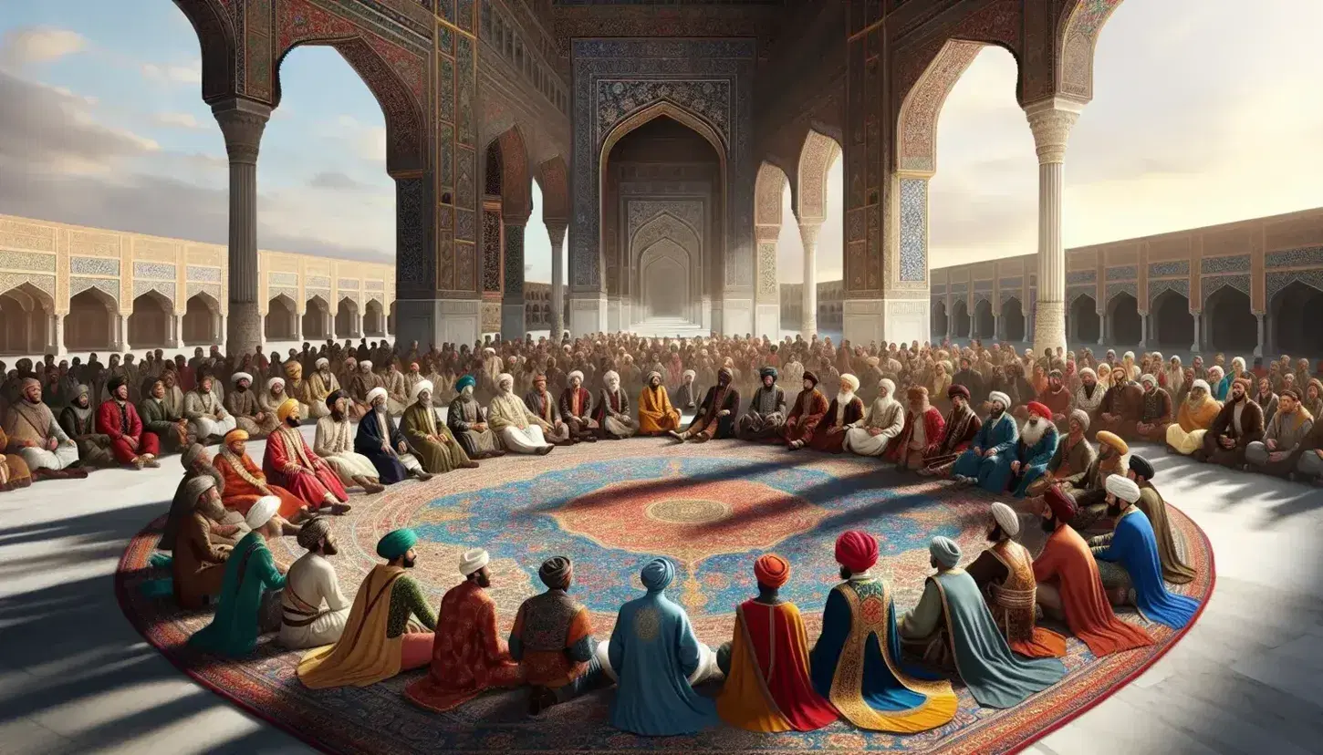 Diverse group in Mughal-style setting on Persian rugs, with a regal figure on an elevated platform, surrounded by marble arches and frescoes.