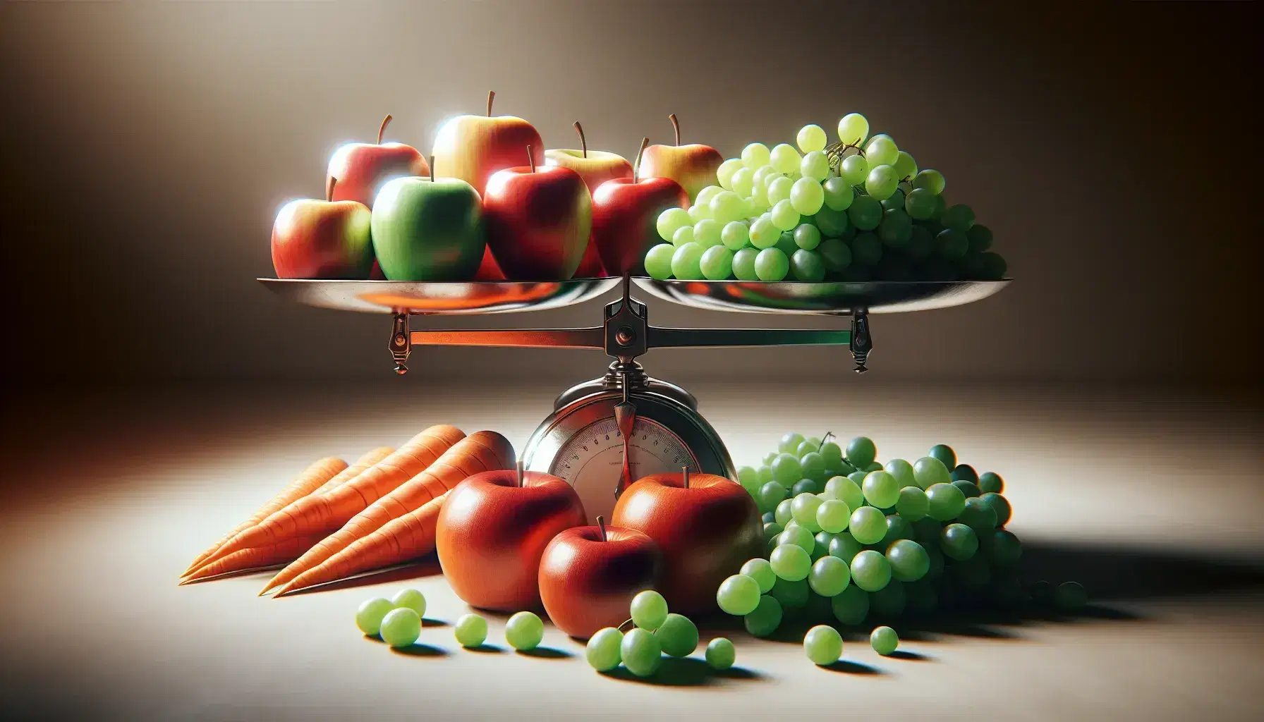 Manzanas rojas brillantes, racimo de uvas verdes, balanza de dos platos y zanahorias naranjas con panes variados en cesta al fondo, sobre superficie neutra.