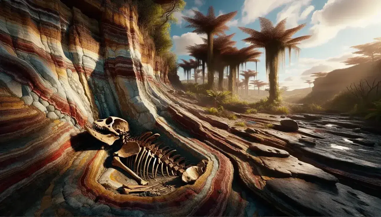 Fossile di ominide parzialmente emerso tra strati rocciosi erosi in un paesaggio preistorico con felci e conifere.