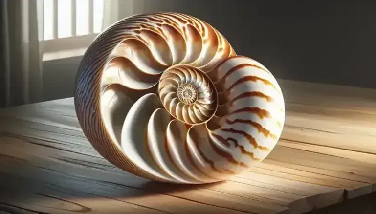Conchiglia di nautilus su tavolo in legno chiaro, con spirale logaritmica e colori dal bianco al marrone chiaro, riflessi di luce evidenziano la texture.