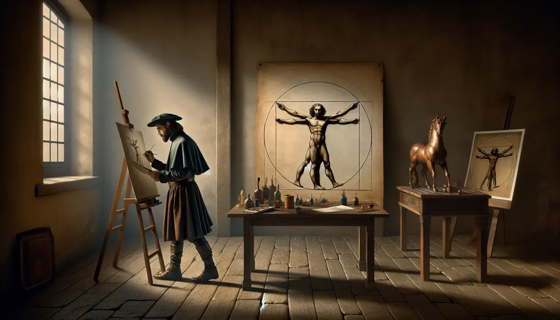 Genio rinascimentale concentra su disegno Uomo Vitruviano, con tavolo legno, scultura bronzo, luce naturale, cavalletto e tela in sfondo.