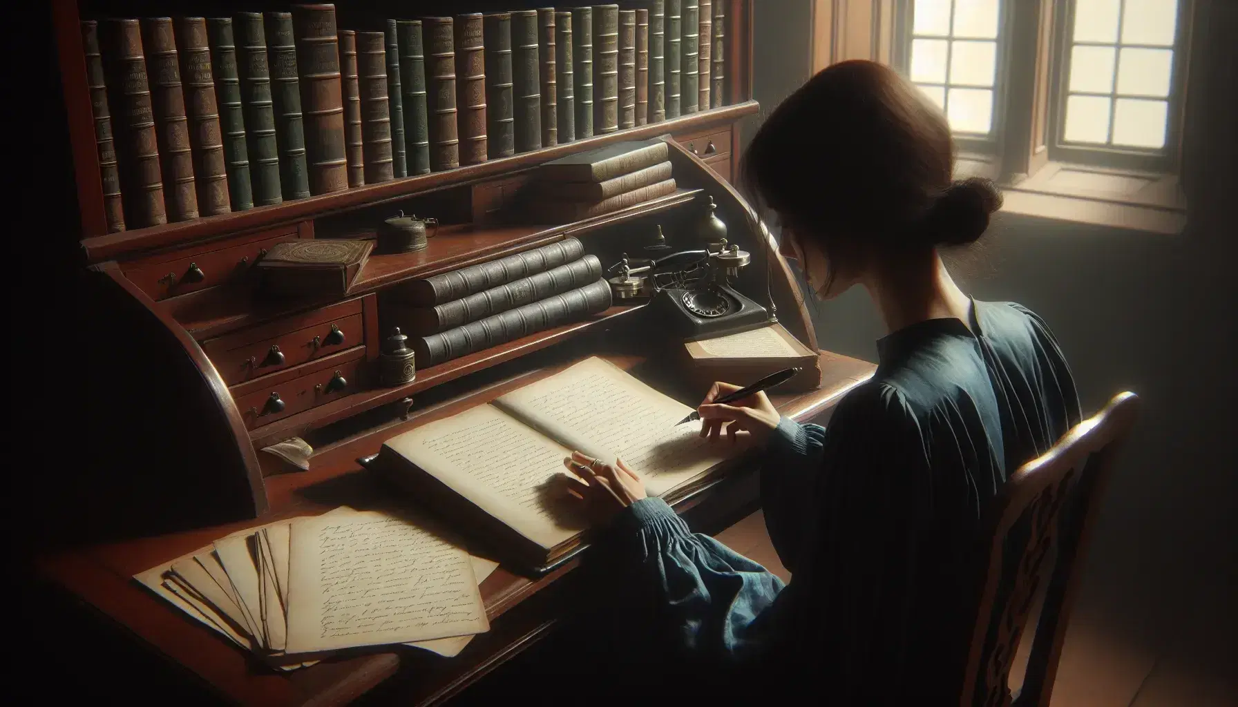 Woman writing with a fountain pen at an antique desk, surrounded by books and bathed in natural light from a window with a potted plant.