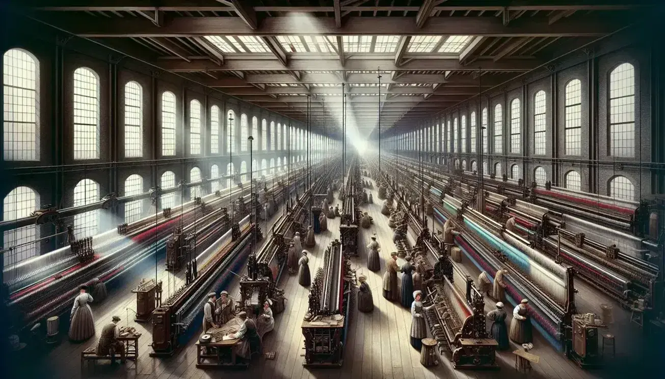 Scena di una fabbrica tessile durante la Rivoluzione Industriale con operai al lavoro tra telai meccanici, filati colorati e luce naturale.