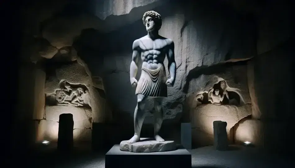 Statua marmorea di kouros greco arcaico in posa eretta con sorriso arcaico e capelli a ciocche, su sfondo di muro di pietra.