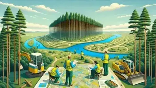 Paisaje natural con árboles, río y colinas, tres personas con chalecos revisan mapas en una mesa, excavadora amarilla y montones de tierra al lado.