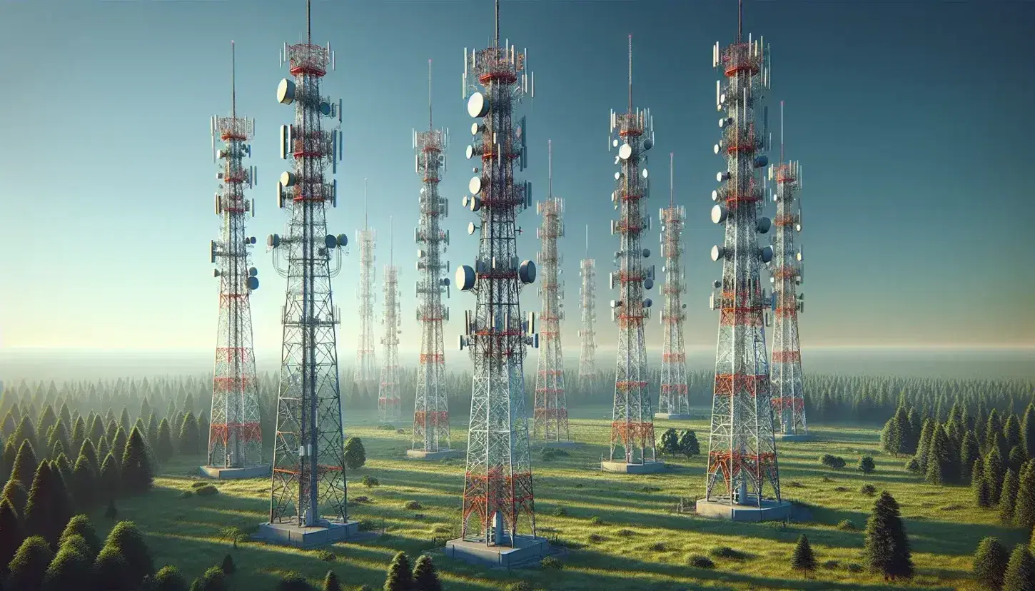 Telecommunication towers with red and white paint stand in a rural landscape under a clear blue sky, equipped with antennas and dishes.