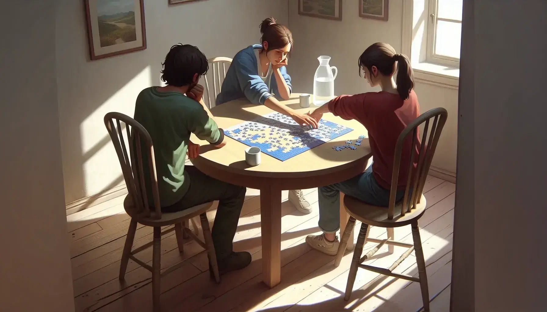 Tre persone collaborano a un puzzle quasi completato su un tavolo rotondo in una stanza illuminata naturalmente, con tazze e una caraffa d'acqua.