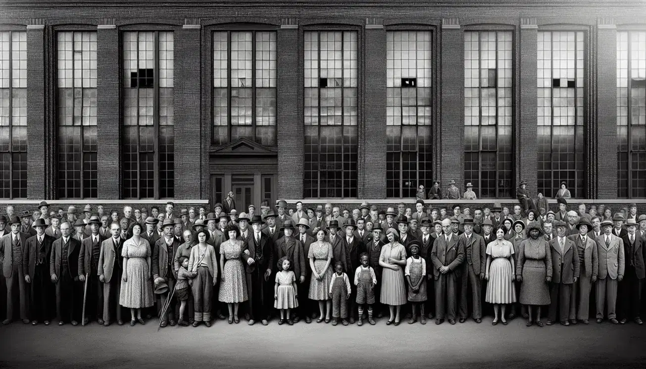 Diverse mid-20th-century crowd in front of a brick building, with men in suits and women in dresses, symbolizing social unity and generational diversity.
