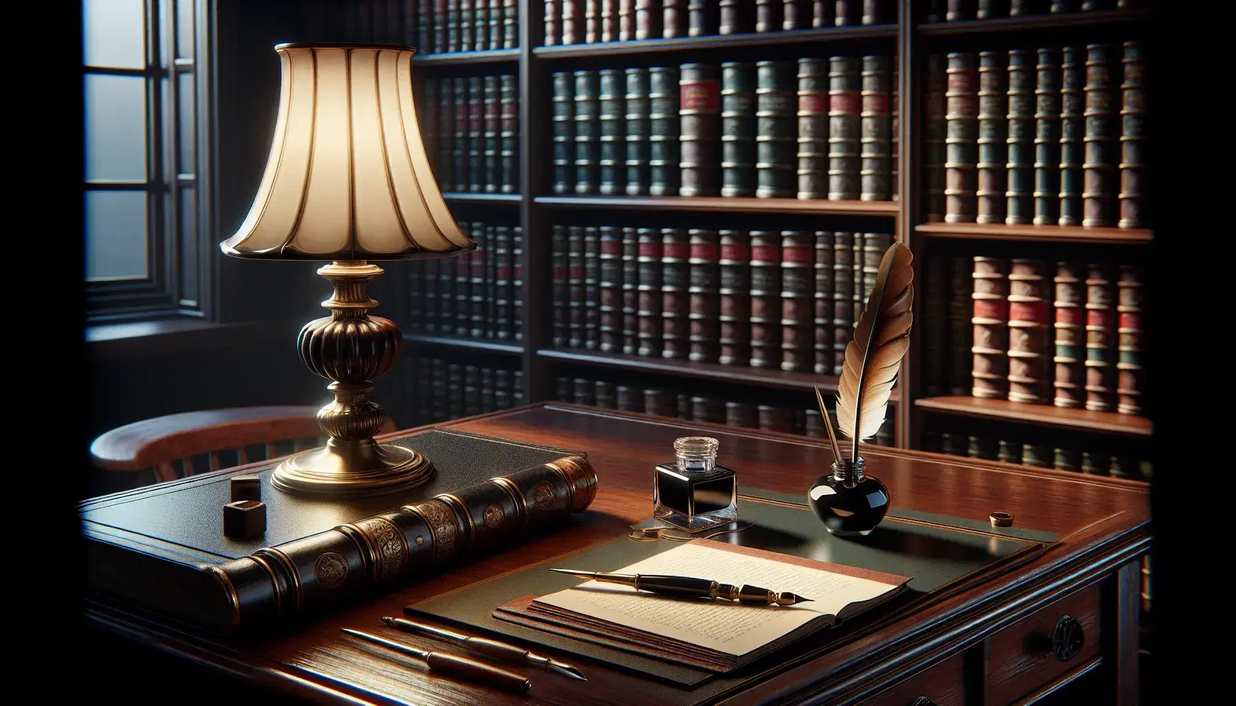 Scena di antica biblioteca con scrivania in legno scuro, calamaio in ottone, penna d'oca e scaffali pieni di libri rilegati.
