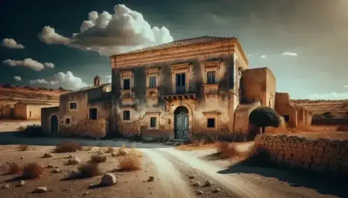 Casa di campagna siciliana in pietra con terreno arido e cielo azzurro, senza persone, evocativa dell'ambiente verista di Verga.
