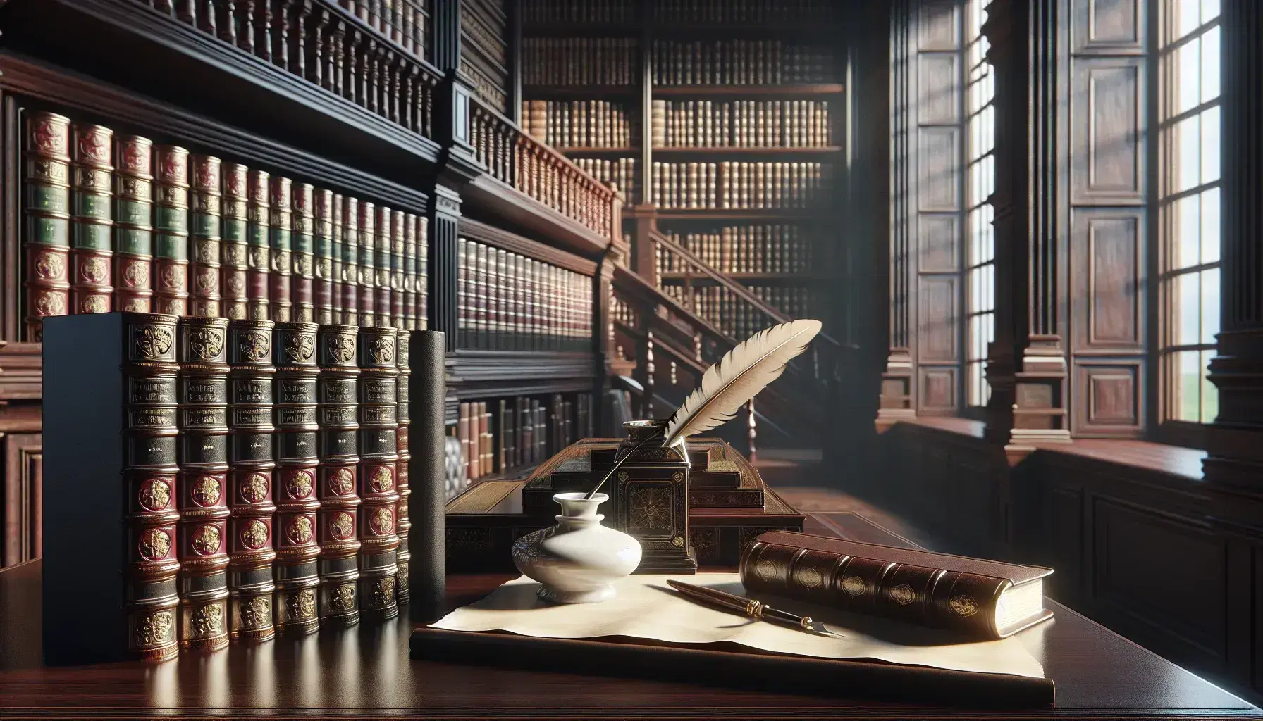 Biblioteca clásica con estanterías de madera oscura llenas de libros encuadernados en cuero, mesa con tintero de porcelana, pluma y pergamino, iluminada por una ventana.
