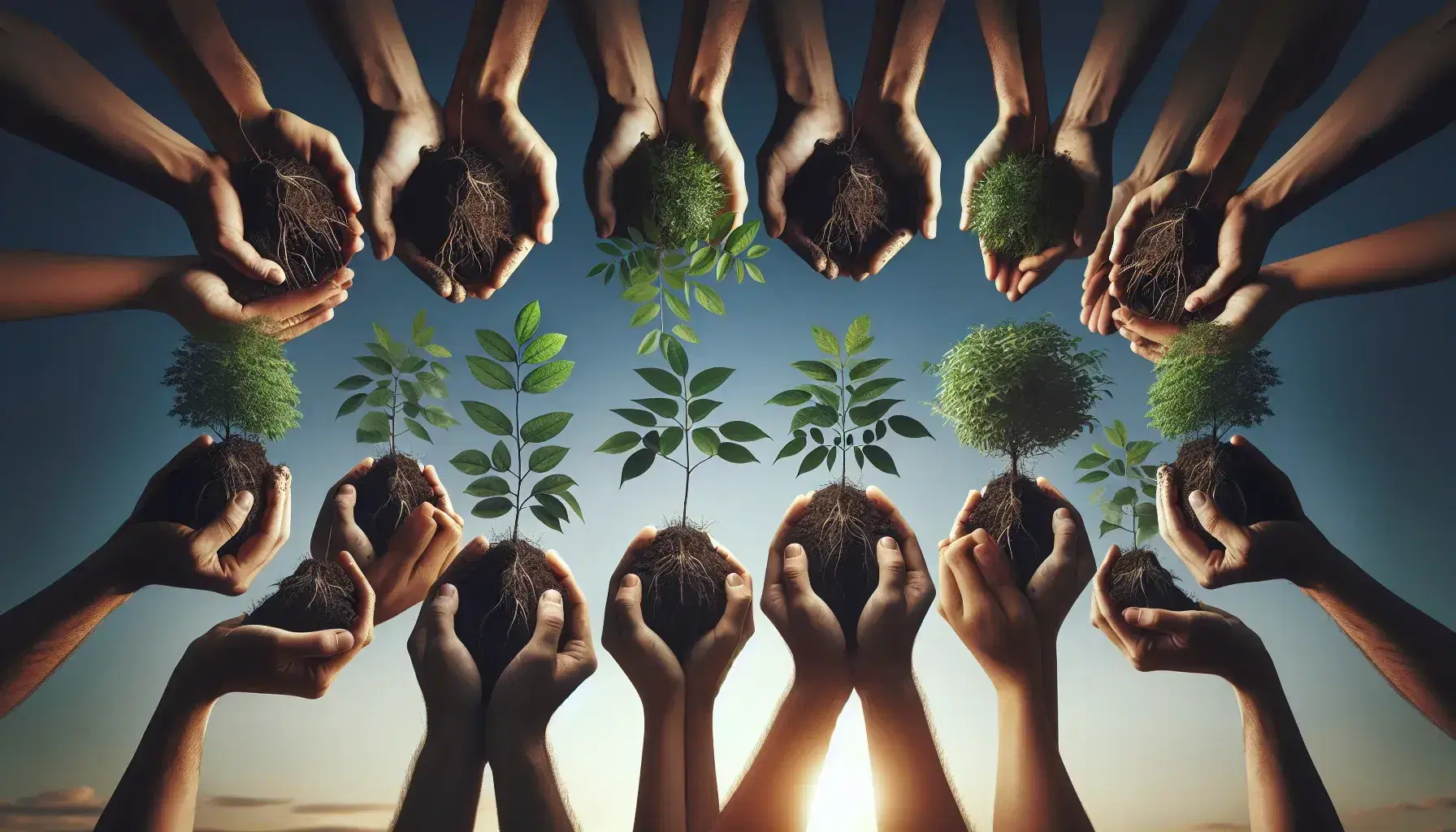 Diverse hands holding young tree saplings with roots in soil against a gradient blue sky, symbolizing unity in reforestation efforts.