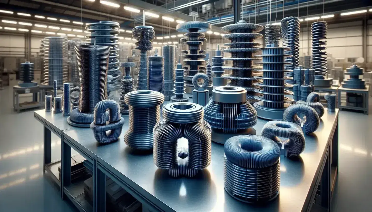 Nuclei di trasformatori elettrici in ferromagnetico di varie forme, toroidali ed 'E', su scaffale in laboratorio con riflessi metallici.