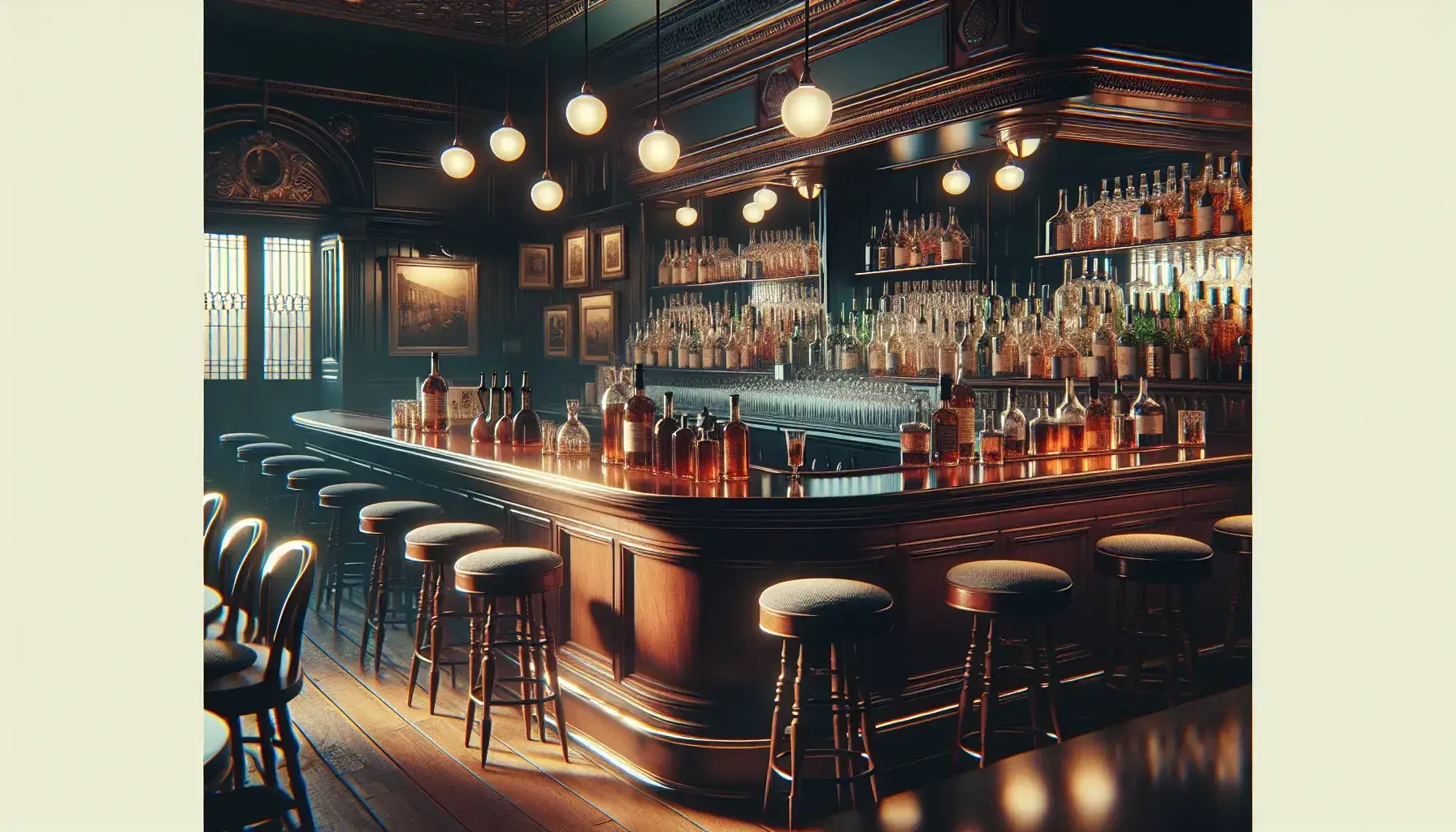 Vintage London pub interior with polished mahogany bar, glass bottles, mirrored back bar, white-clothed tables with red roses, black and white photos, and a 1950s jukebox.