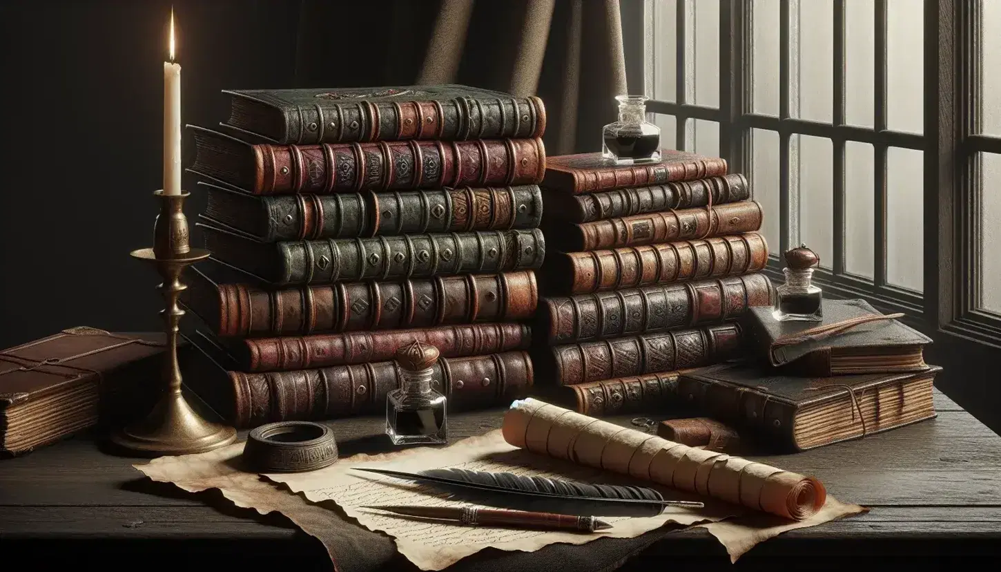 Libri antichi impilati su tavolo in legno scuro con copertine in pelle, calamaio con penna d'oca e pergamena parzialmente srotolata accanto a candela mezza consumata.
