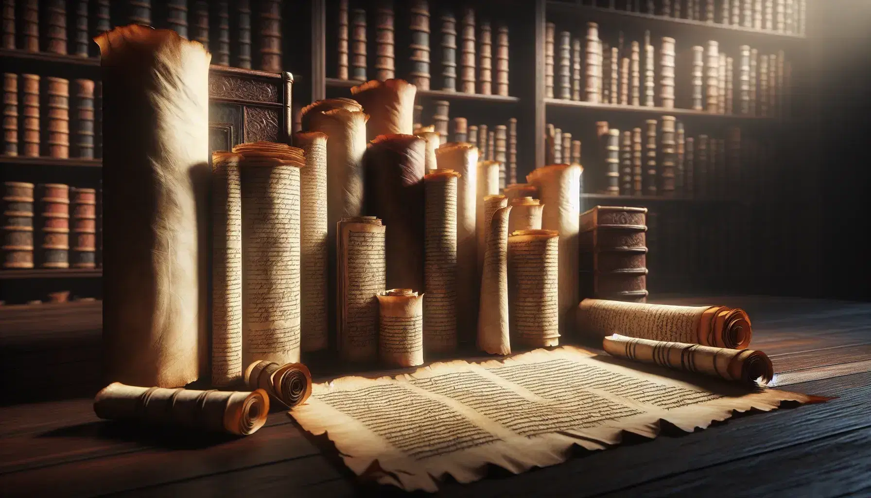 Rotoli di pergamena antica su tavolo in legno scuro con sfondo sfocato di libreria e libri rilegati in pelle.
