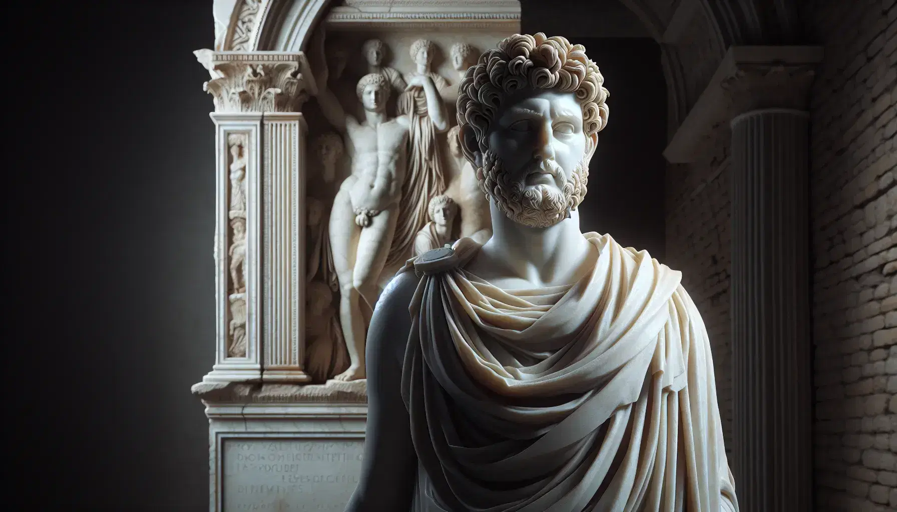 Statua in marmo bianco di antico sovrano con mantello e spalla destra scoperta, architrave con rilievi e colonna corinzia, illuminazione naturale.