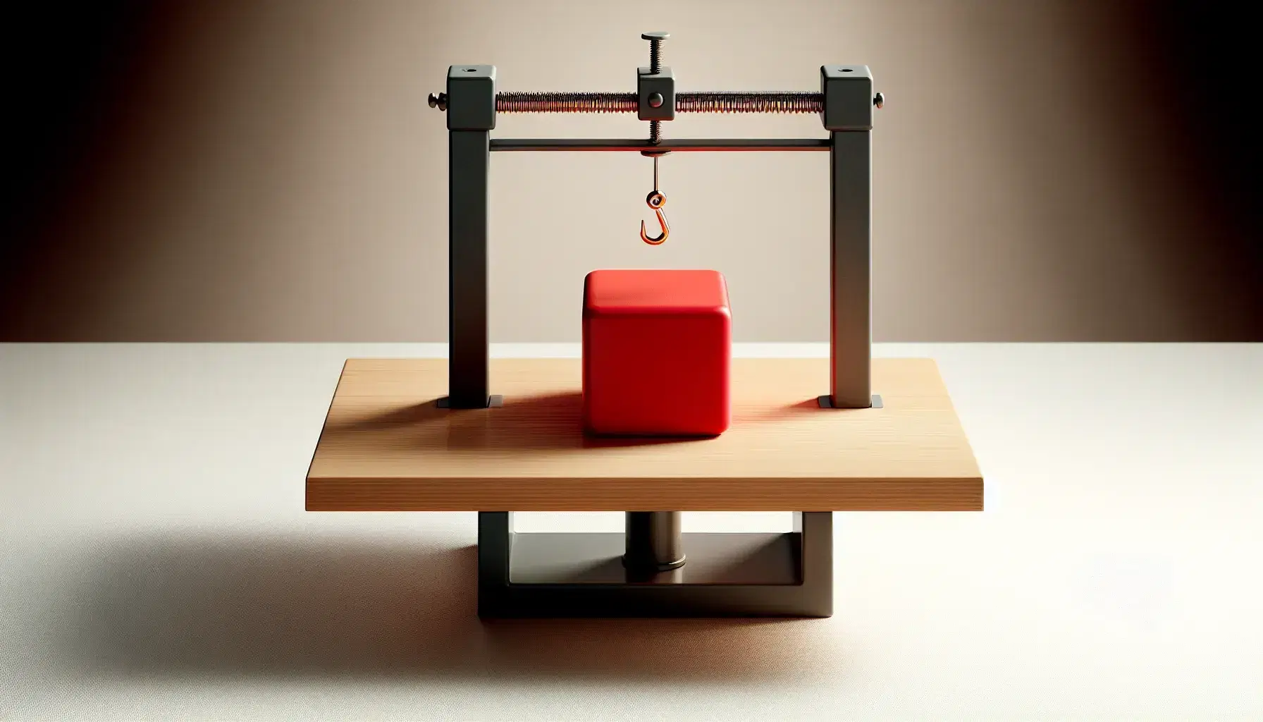 Physics experiment setup with a red block on a wooden table under a spring scale, demonstrating normal force in a laboratory setting.