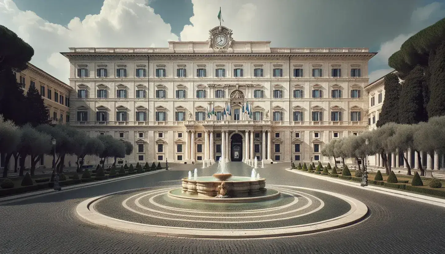 Vista frontale del Palazzo del Quirinale a Roma con ingresso centrale, orologio sopra la porta e fontane laterali su piazza lastricata, cielo azzurro.