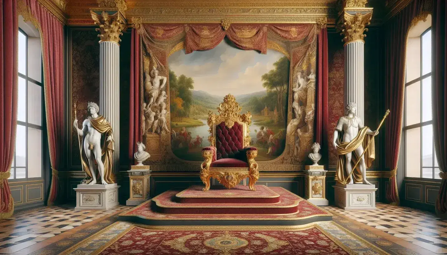 Opulent 17th-century style throne room with a golden throne, red velvet upholstery, marble statues, a pastoral tapestry, and ornate candelabras.