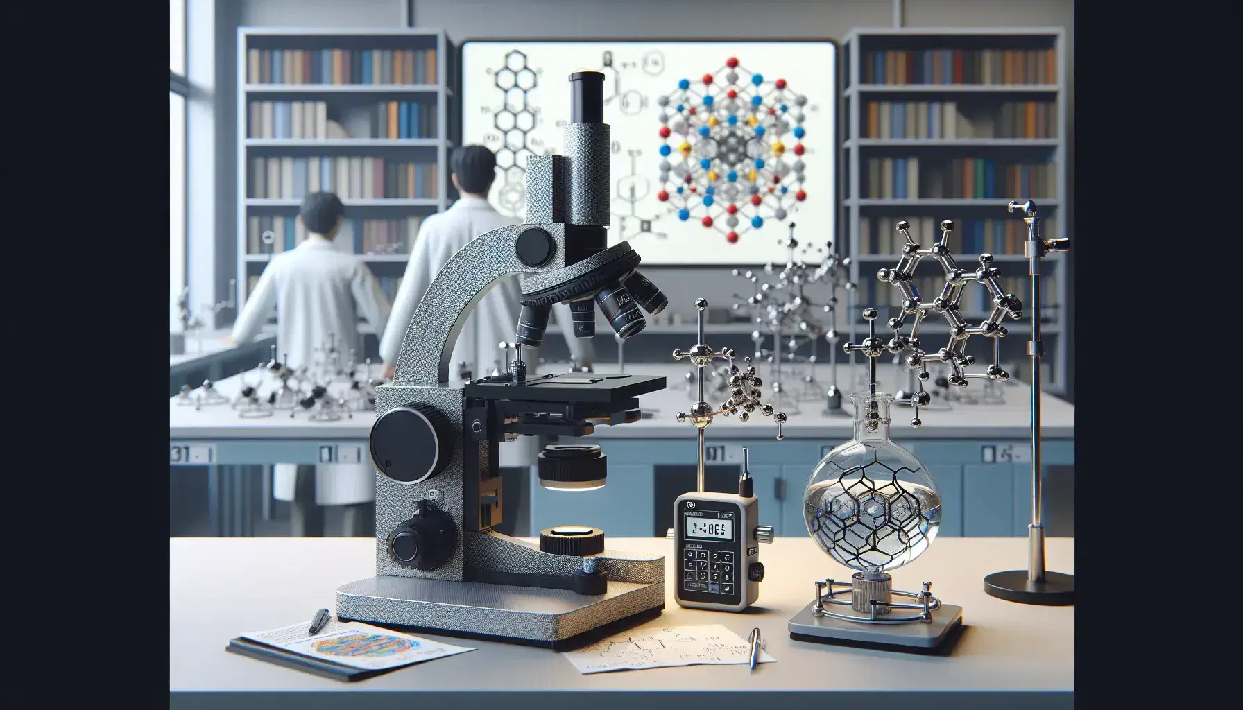 Laboratorio de física con mesa de trabajo, microscopio metálico, soporte universal con frasco de vidrio y cronómetro digital, persona analizando gráficos en computadora y estante con libros y modelo molecular.