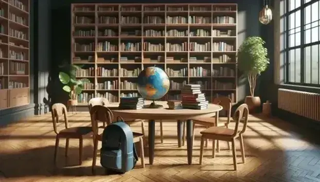 Biblioteca escolar iluminada con estantes de madera y libros variados, mesa con globo terráqueo y mochila azul, luz natural y planta interior.