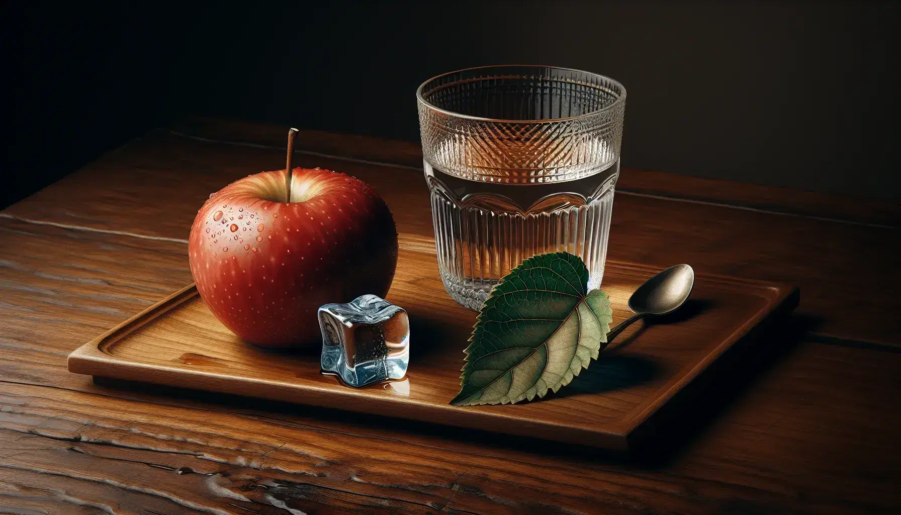 Wooden table with a glass of water, melting ice cube, glossy red apple, green maple leaf, upside-down white teacup, silver teaspoon, and a potted plant in the background.