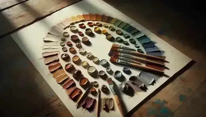 Paleta de pinturas naturales en tonos tierra y pinceles con mango de madera sobre superficie de madera lisa, con papel en fondo desenfocado.