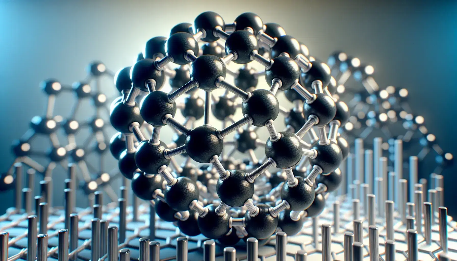 Three-dimensional model of a Buckminsterfullerene C60 molecule with black carbon atoms and silver bonds, surrounded by fuzzy carbon nanotubes.