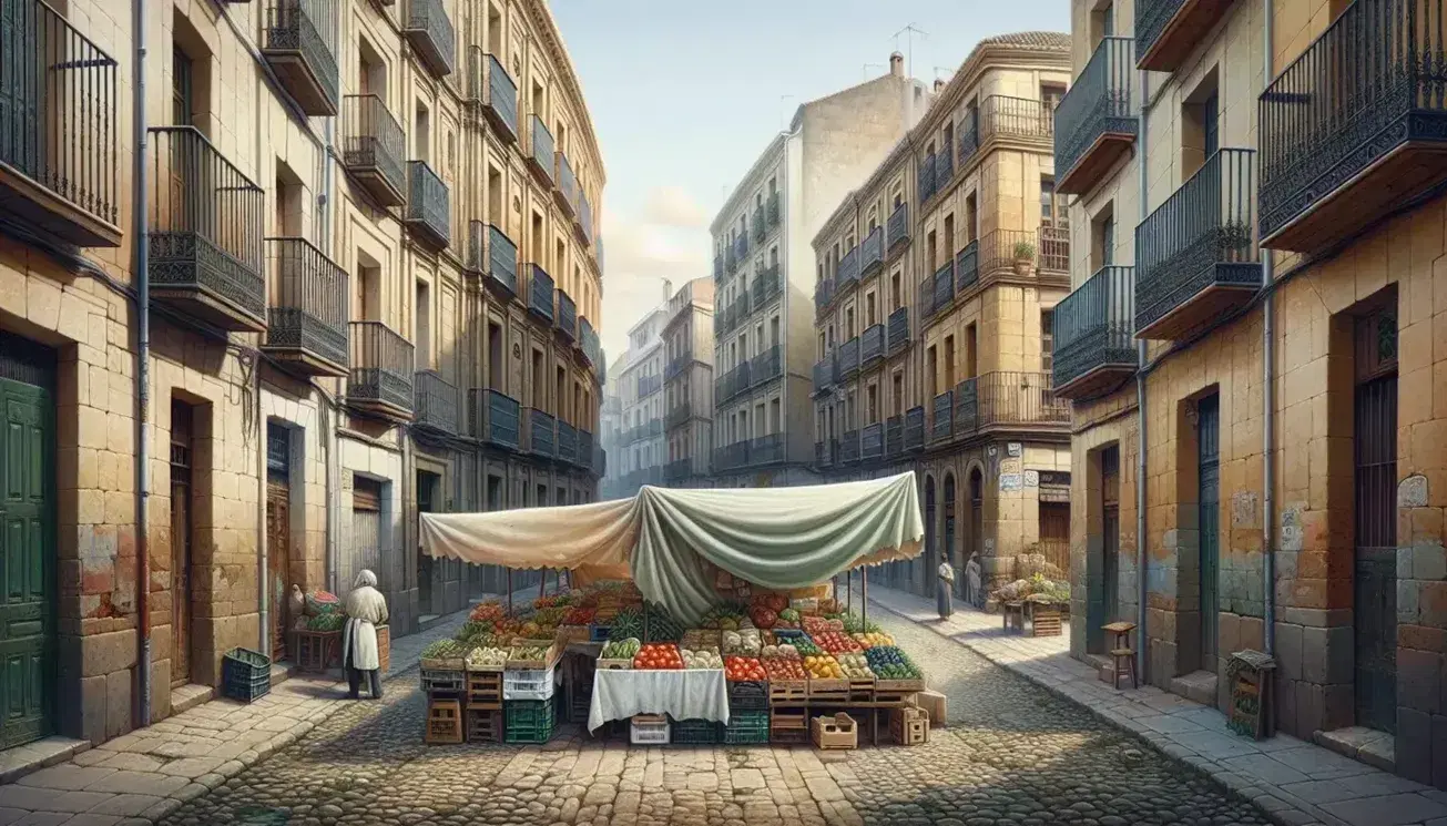 Narrow cobblestone street in a Spanish city with aged buildings and small balconies, hosting a vibrant outdoor market with fresh produce under green and blue canopies.