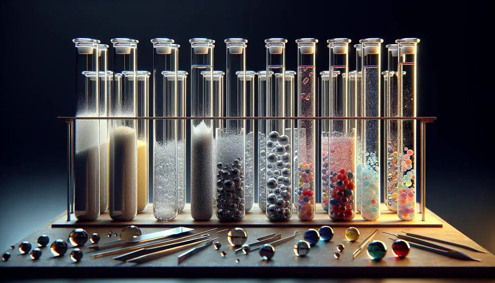 Serie di provette in vetro con sostanze binarie: polvere bianca, liquido chiaro e cristalli colorati su banco laboratorio.