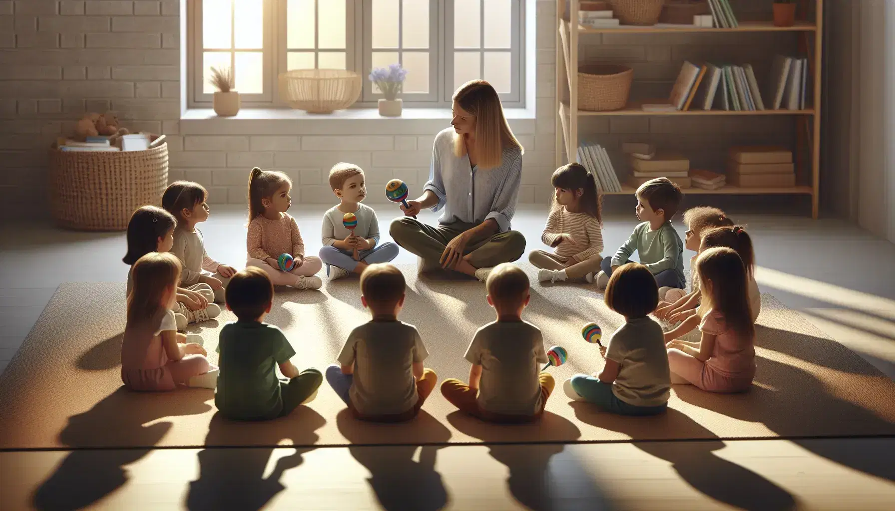Niños pequeños atentos sentados en semicírculo en una sala iluminada con luz natural, con un maestro mostrando un objeto colorido, rodeados de estanterías con materiales educativos.